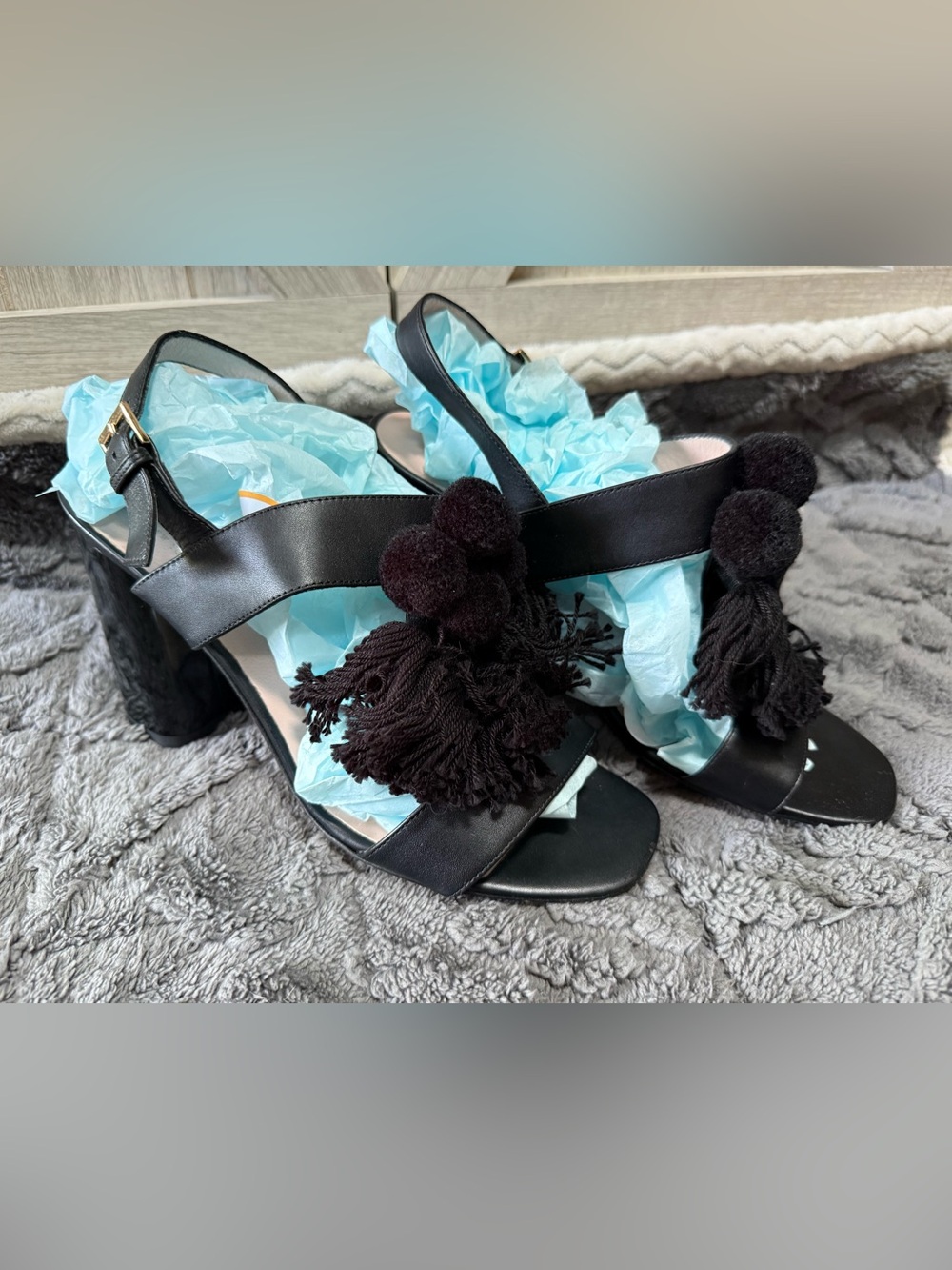 Kate Spade New York-Black leather boho tassel block sandals - “Central Too”(8)